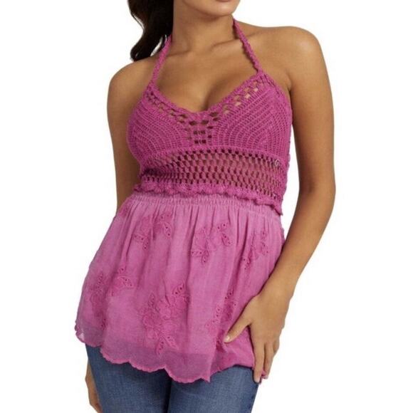 Guess Pink Hailey Crochet Embroidered Halter Top Viscose Silk Women’s Sz Large - Picture 2 of 14